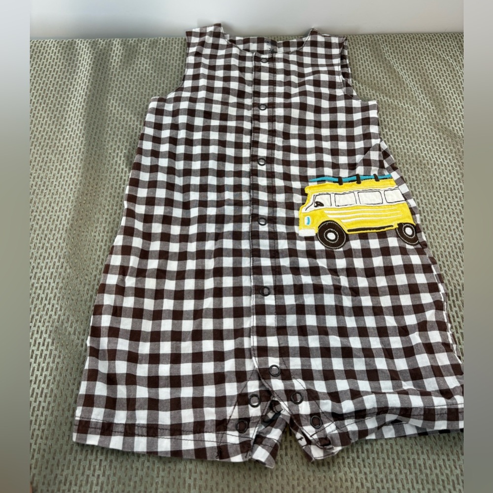 Carter’s Baby Boy Gingham Shortall Romper Brown/White Retro Van Appliqué 24 M